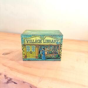 Vtg 1979 Cheinco Tin Recipe Card Box Village Library Lithographed